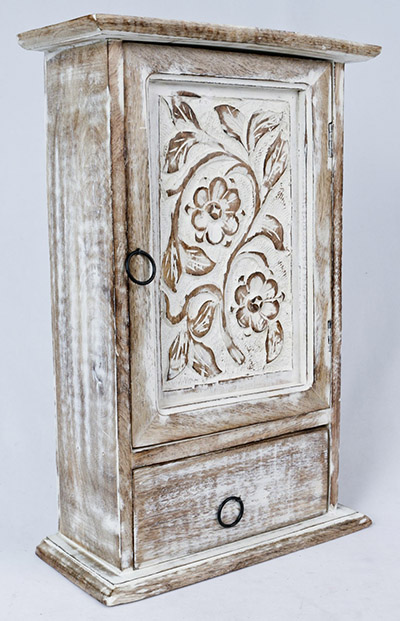 Mango Wood Key Box With Drawer Burnt White Finish